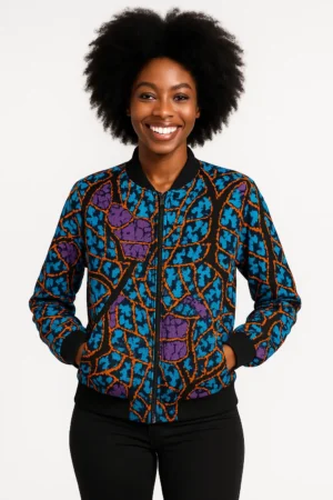 Bold Ankara Bomber Jacket – Blue & Purple Vibes