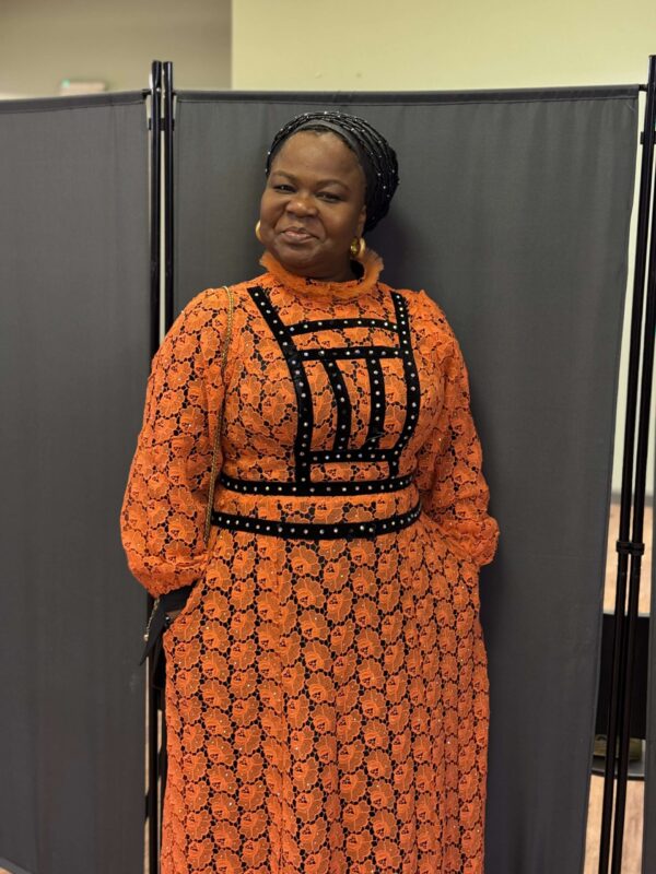 Elegant Orange Lace Maxi Dress with Black Velvet Trim - Image 2
