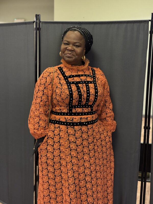 Elegant Orange Lace Maxi Dress with Black Velvet Trim - Image 3