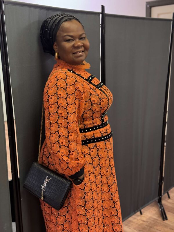 Elegant Orange Lace Maxi Dress with Black Velvet Trim - Image 4