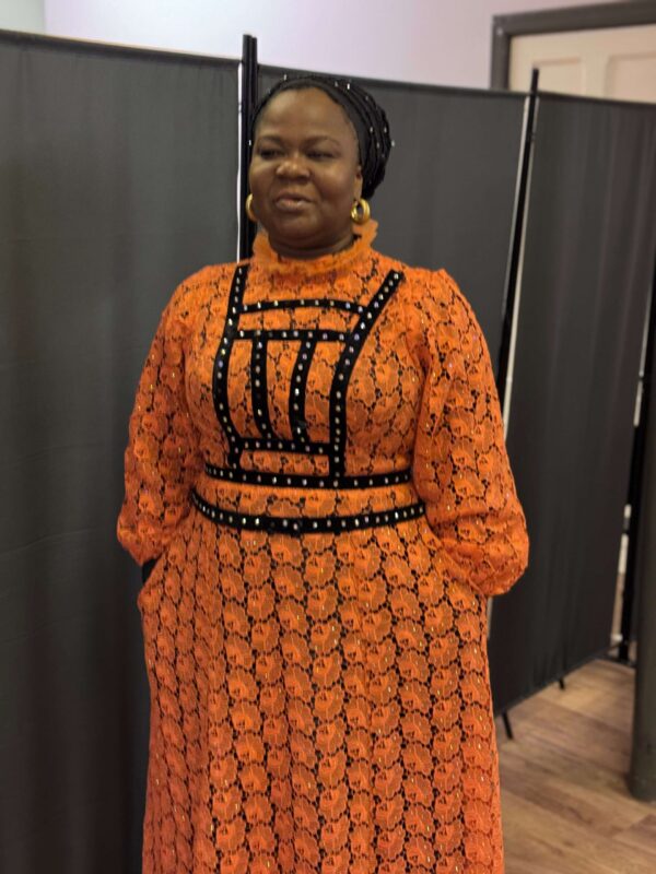Elegant Orange Lace Maxi Dress with Black Velvet Trim - Image 6