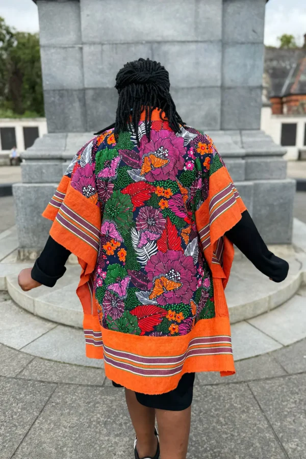 Orange Aso Oke Kimono - Ankara Floral Print Cape - Image 2