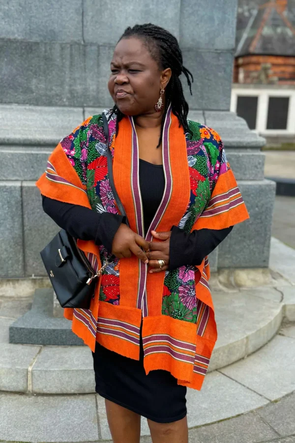 Orange Aso Oke Kimono - Ankara Floral Print Cape - Image 3