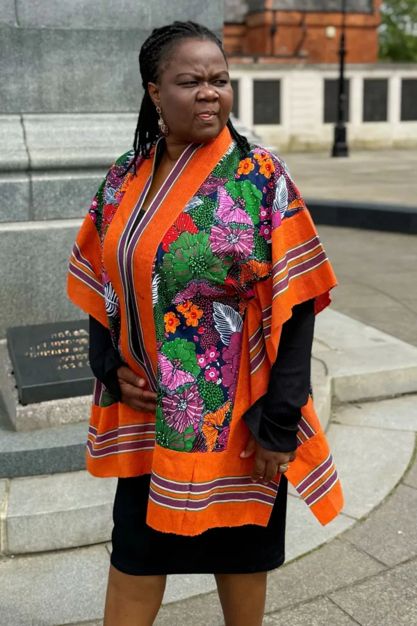 Orange Aso Oke Kimono - Ankara Floral Print Cape - Image 4
